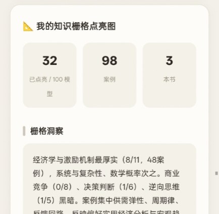 读书栅格点亮报告：32 个模型已点亮，98 条案例，3 本书